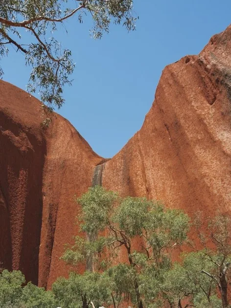 The high red walls of Kantju Gorge on Uluru meeting in a V above green trees