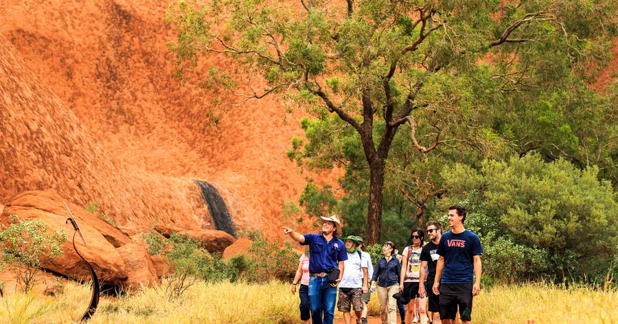 A guide pointing out features to a group walking in the shade of trees at the foot of Uluru